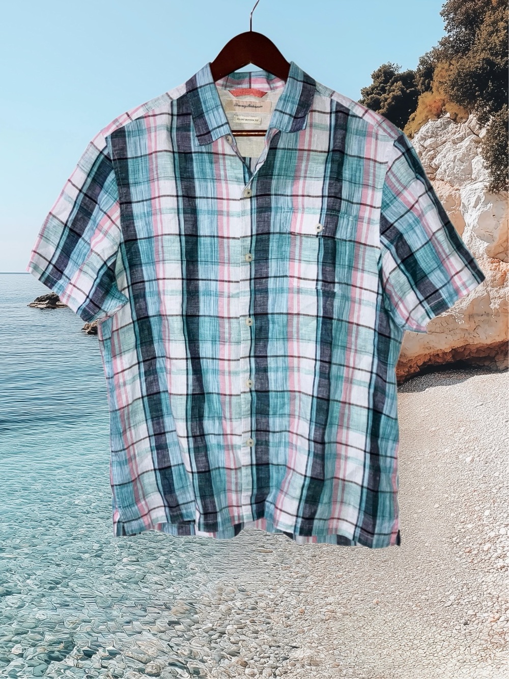 100% Linen Tommy Bahama Island Aqua Blue Plaid Short Sleeve Camp Shirt Men’s L
